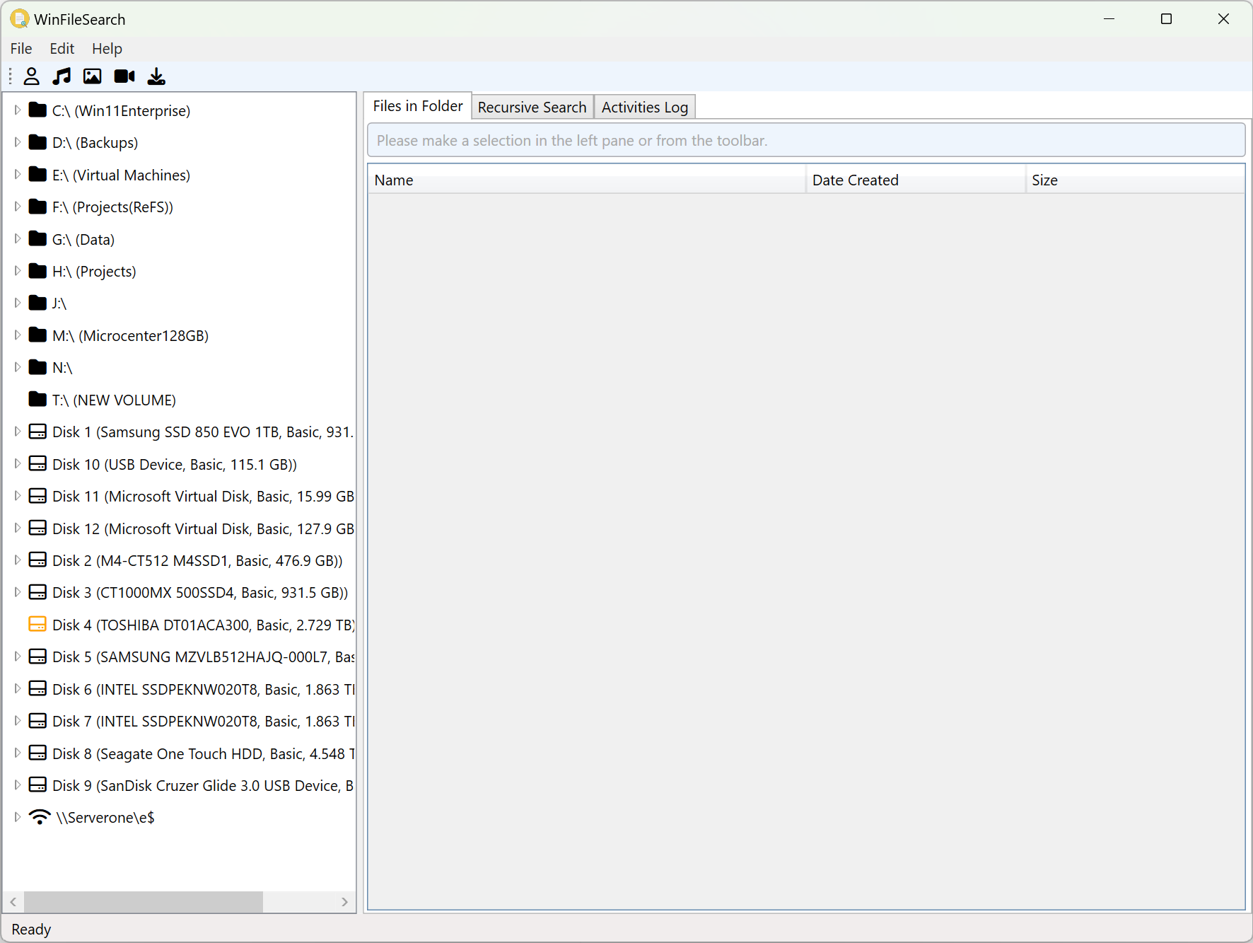 A screenshot of the Main window of WinFileSearch.